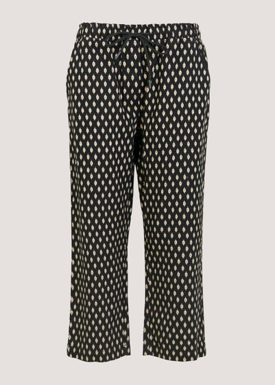 Black Print Linen Blend Cropped Trousers