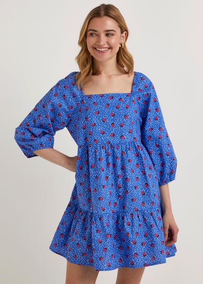 JDY Blue Strawberry Print 3/4 Sleeve Dress - S - UK 8