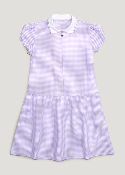 Girls Lilac Generous Fit Knitted Collar Gingham School Dress (3-14yrs)