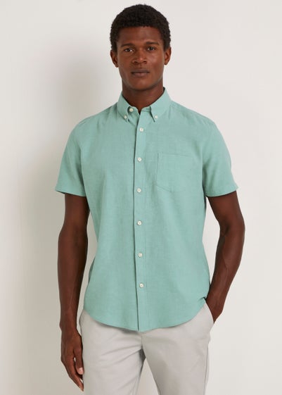Turquoise Linen Blend Short Sleeve Shirt - Small