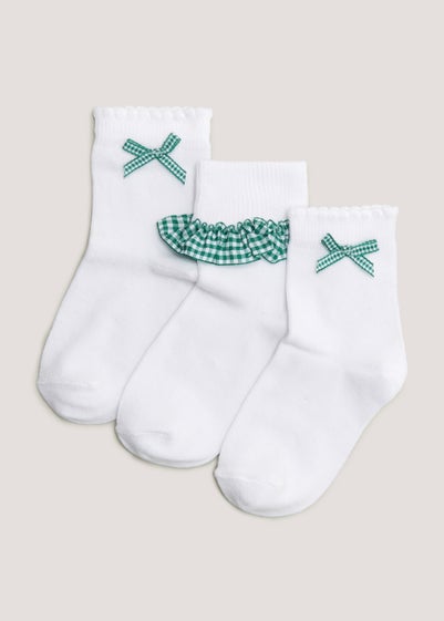 Girls 3 Pack Green Gingham School Socks (Younger 6-Older 5.5) - Sizes 9-12