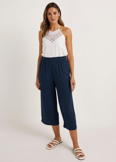 Navy Linen Blend Wide Leg Cropped Trousers