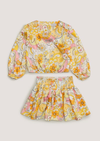 Girls Yellow Floral Satin Top & Skirt Set (4-13yrs) - Age 4 Years