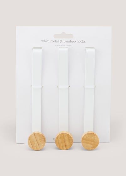 3 Pack White Metal & Bamboo Hooks (12cm x 3.5cm x 3cm)