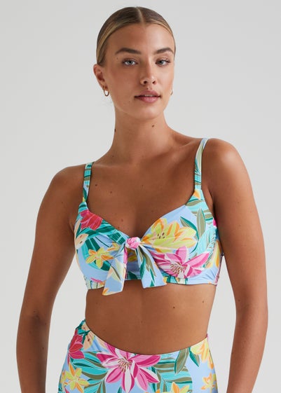 DD+ Multicoloured Tropical Floral Tie Front Bikini Top