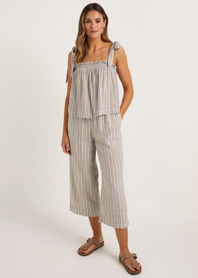 Beige Stripe Linen Blend Wide Leg Cropped Trousers