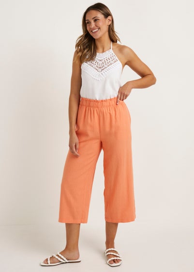 Orange Linen Blend Wide Leg Cropped Trousers