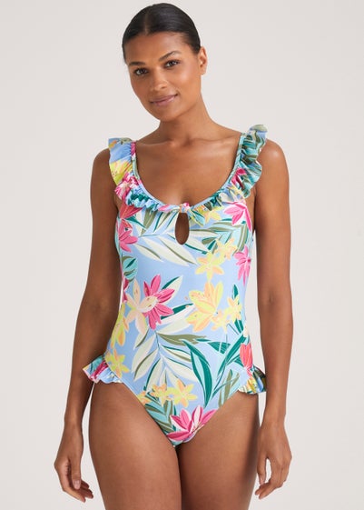 Blue Tropical Floral Frill Swimming Costume