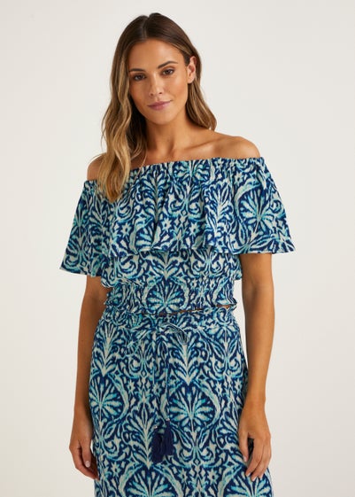 Blue Damask Bardot Co-Ord Crop Top