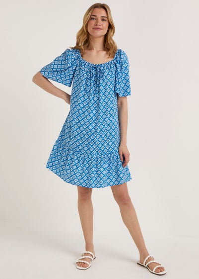 Blue Floral Print Bardot Mini Dress - Size 8