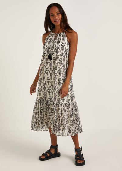 White Monochrome Ikat Print Chiffon Midi Dress