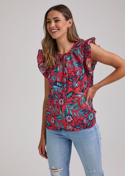 Red Leaf Print Frill Top