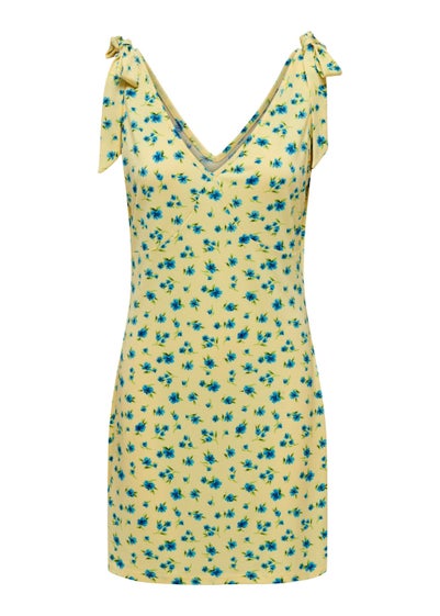 JDY Yellow Flower Print Bow Mini Dress - S - UK 8