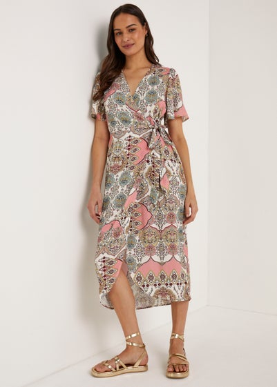 Multicoloured Scarf Print Wrap Midi Dress