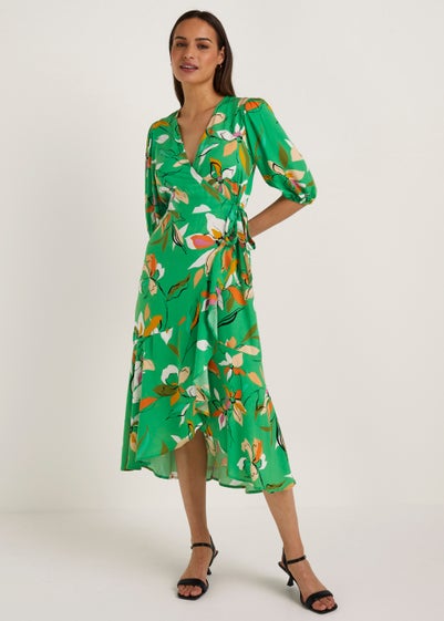 Et Vous Green Floral Print Wrap Midi Dress - Size 8