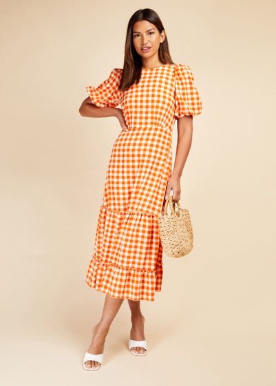 Little Mistress Orange Gingham Tiered Midi Dress - Size 8