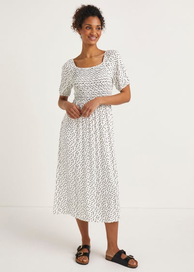 White Polka Dot Shirred Midi Dress Reviews - Matalan