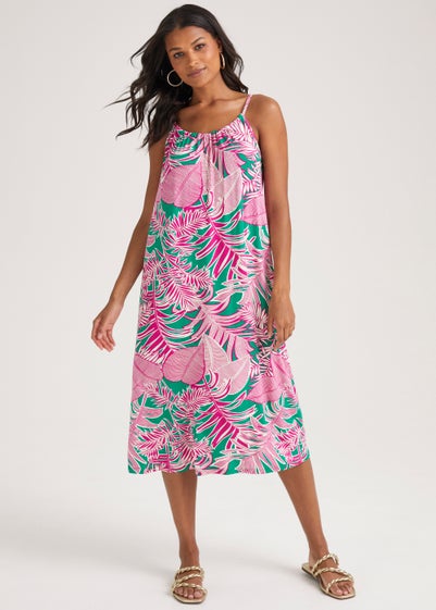 Green Leaf Print Midi Dress