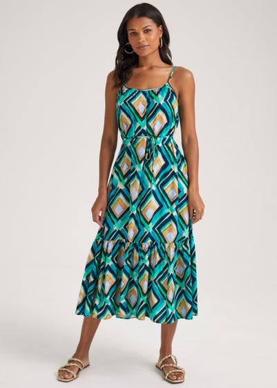 Multicoloured Geo Print Tiered Midi Dress