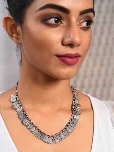 Women Multicolour Tribal Silver Necklace