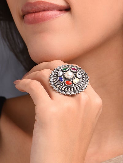 Women Multicolour Silver Adjustable Ring With Navratan