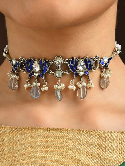 Women Blue Silver Choker Necklace With Kundan And Kempstone