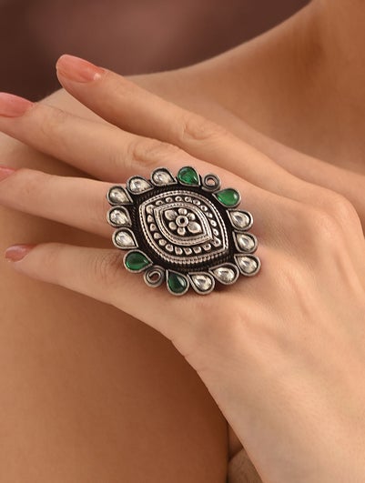 Women Kempstone Encrusted Silver Adjustable Ring