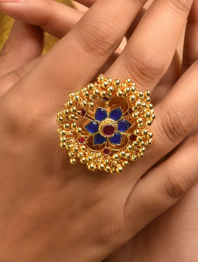 Women Blue Gold Tone Foiled Kundan Ring