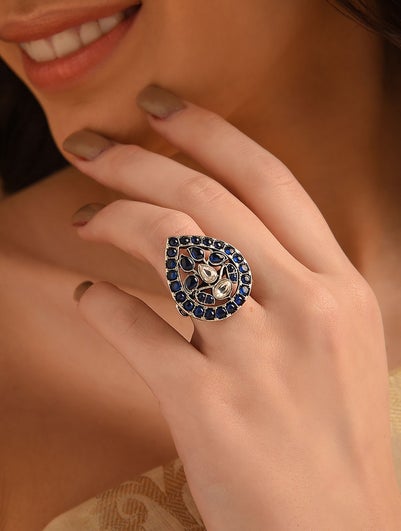 Women Blue Kempstone Encrusted Adjustable Silver Ring