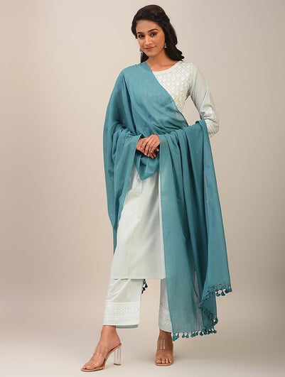 Women Blue Handloom Cotton Dupatta With Mukaish