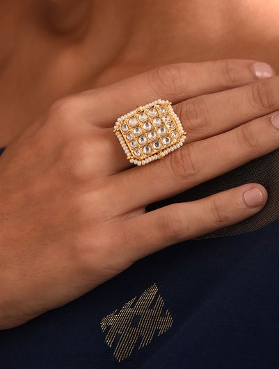 White Gold Tone Kundan Ring