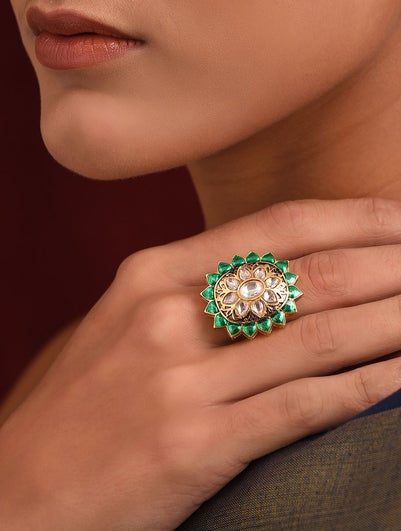 Green Gold Tone Kundan Ring