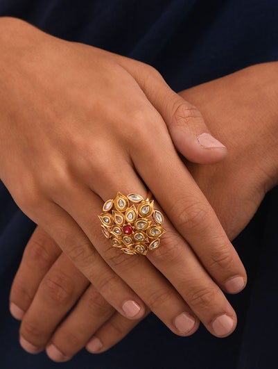 Women Red Gold Tone Kundan Ring