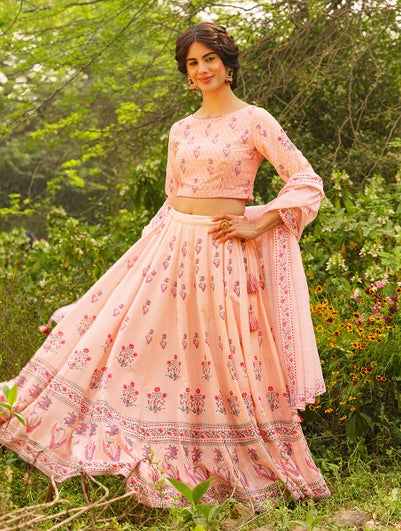 Women Pink Viscose Block Print Lehenga Choli - S