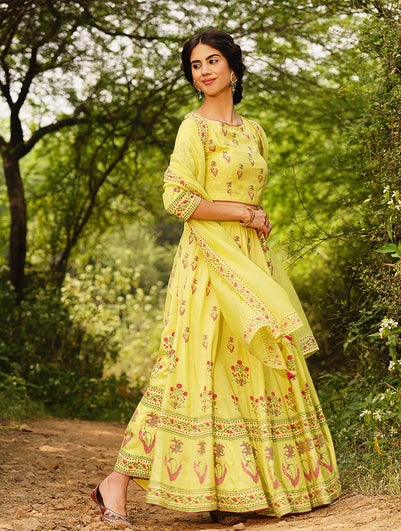 Women Lime Green Viscose Block Print Lehenga Choli