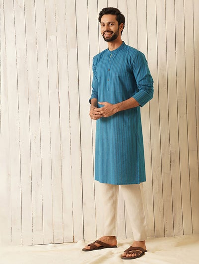 Men Teal Blue Cotton Mandarin Collar Regular Fit Kurta - 40