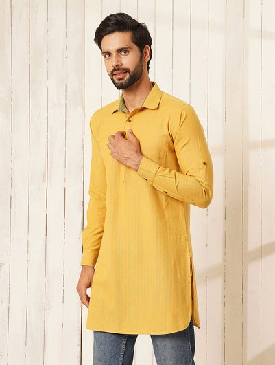 Men Mustard Yellow Cotton Shirt Collar Regular Fit Kurta - 38