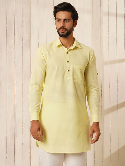 Men Lime Green Cotton Shirt Collar Regular Fit Kurta - 40