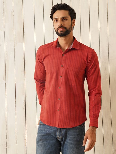 Men Red Cotton Striped Regular Collar Regular Fit Shirt - 40