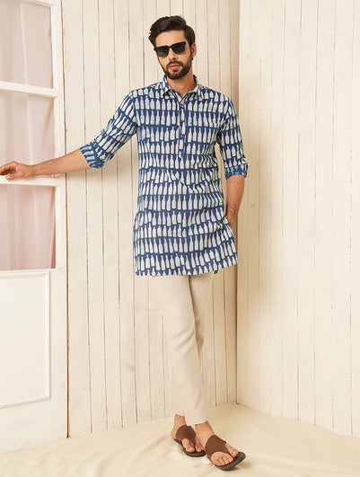 Men Blue Cotton Block Print Regular Fit Kurta - 38