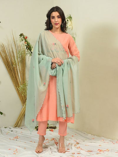 Women Green Embroidered Silk Cotton Dupatta