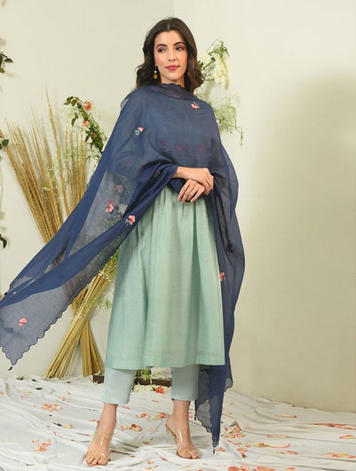 Women Blue Cotton Silk Collection Dupatta