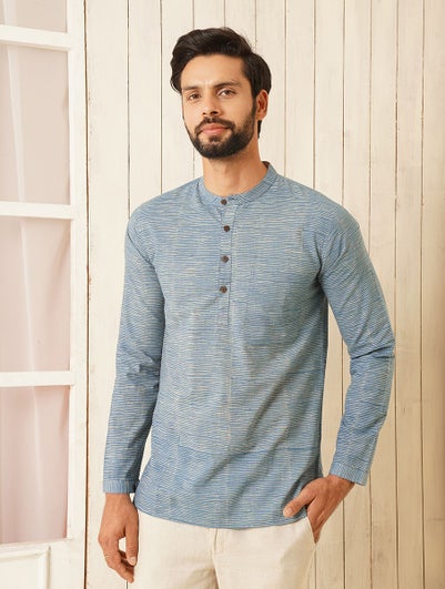 Men Blue Cotton Block Print Mandarin Collar Regular Fit Kurta