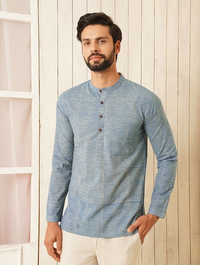 Men Blue Cotton Block Print Mandarin Collar Regular Fit Kurta - 38