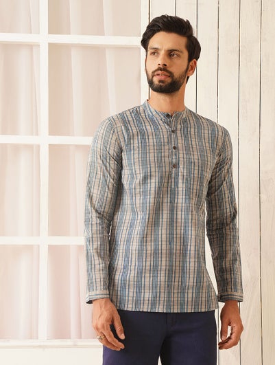 Men Blue Cotton Block Print Regular Fit Kurta