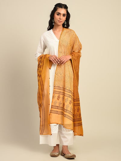 Women Orange Kota Block Print Dupatta