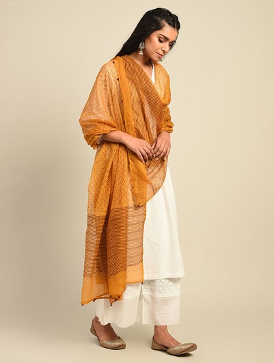 Women Orange Kota Block Print Dupatta