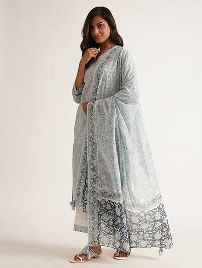 Women Blue Block Printed Cotton Dupatta