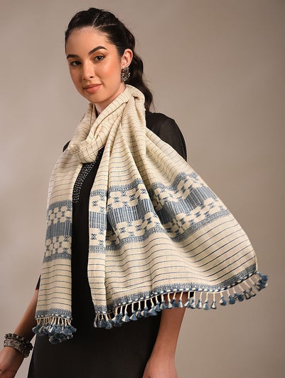 Women Beige Bhujodi Handwoven Cotton Stole