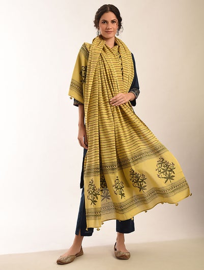 Women Yellow Cotton Block Print Dupatta